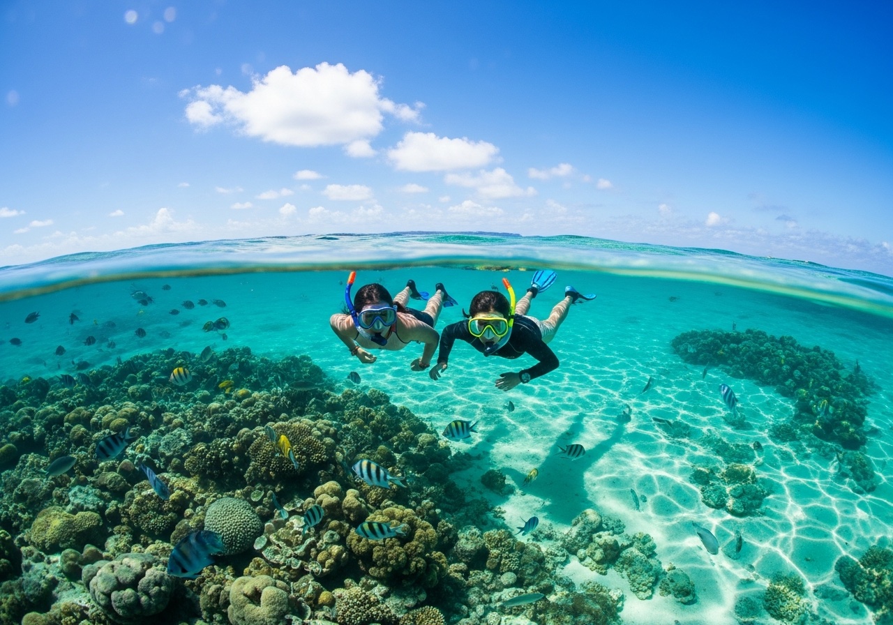 サンゴ礁の海でシュノーケリング